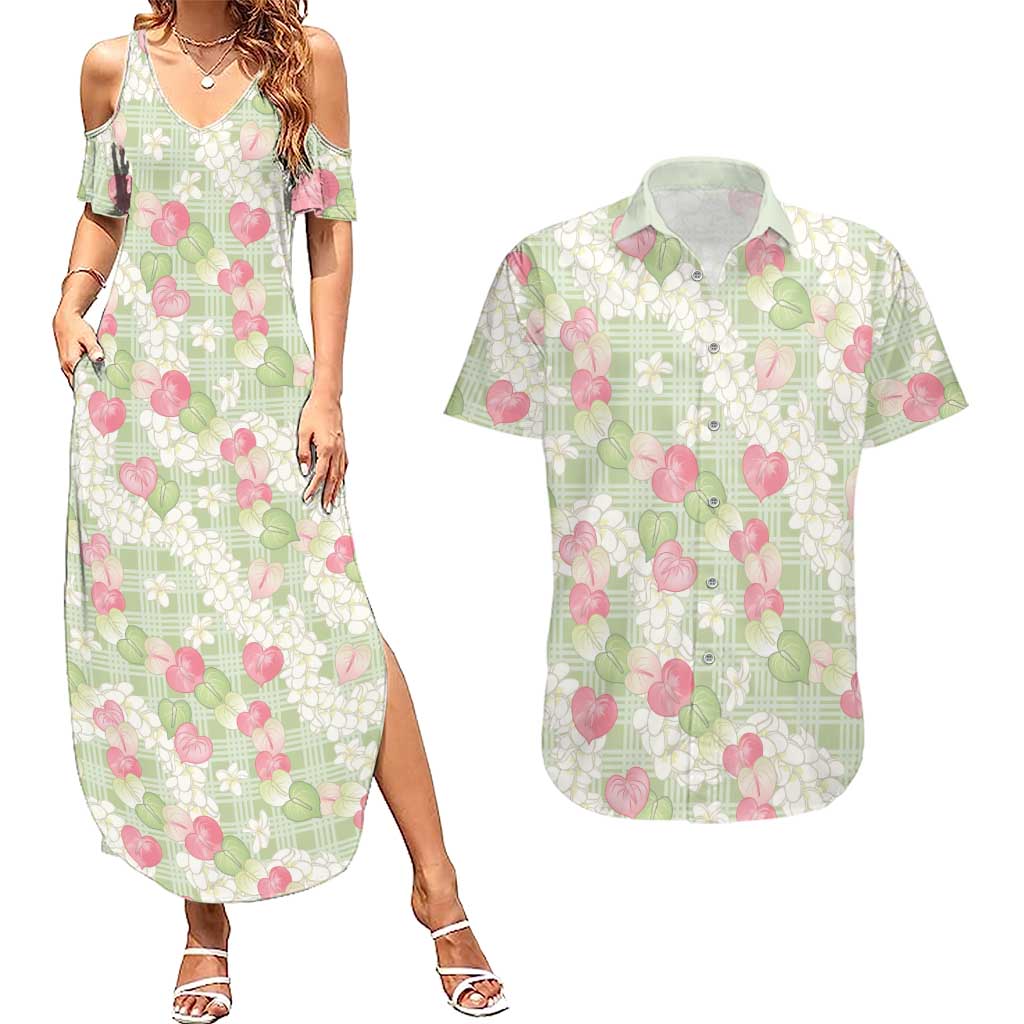 Anthurium Plumeria Lei Pastel Couples Matching Summer Maxi Dress and Hawaiian Shirt Green Hawaiian Splendid Palaka LT01 Green - Polynesian Pride