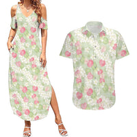 Anthurium Plumeria Lei Pastel Couples Matching Summer Maxi Dress and Hawaiian Shirt Green Hawaiian Splendid Palaka LT01 Green - Polynesian Pride