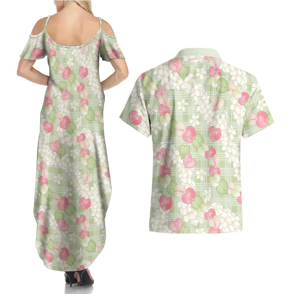 Anthurium Plumeria Lei Pastel Couples Matching Summer Maxi Dress and Hawaiian Shirt Green Hawaiian Splendid Palaka LT01 - Polynesian Pride