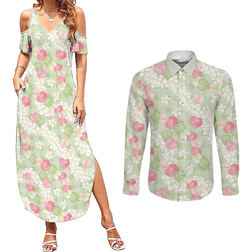 Anthurium Plumeria Lei Pastel Couples Matching Summer Maxi Dress and Long Sleeve Button Shirt Green Hawaiian Splendid Palaka