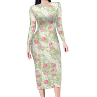 Anthurium Plumeria Lei Pastel Family Matching Long Sleeve Bodycon Dress and Hawaiian Shirt Green Hawaiian Splendid Palaka LT01 Mom's Dress Green - Polynesian Pride