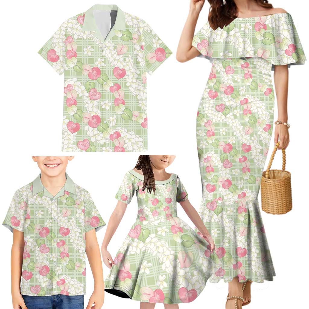Anthurium Plumeria Lei Pastel Family Matching Mermaid Dress and Hawaiian Shirt Green Hawaiian Splendid Palaka LT01 - Polynesian Pride