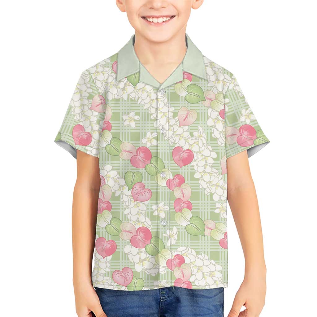 Anthurium Plumeria Lei Pastel Family Matching Mermaid Dress and Hawaiian Shirt Green Hawaiian Splendid Palaka LT01 Son's Shirt Green - Polynesian Pride
