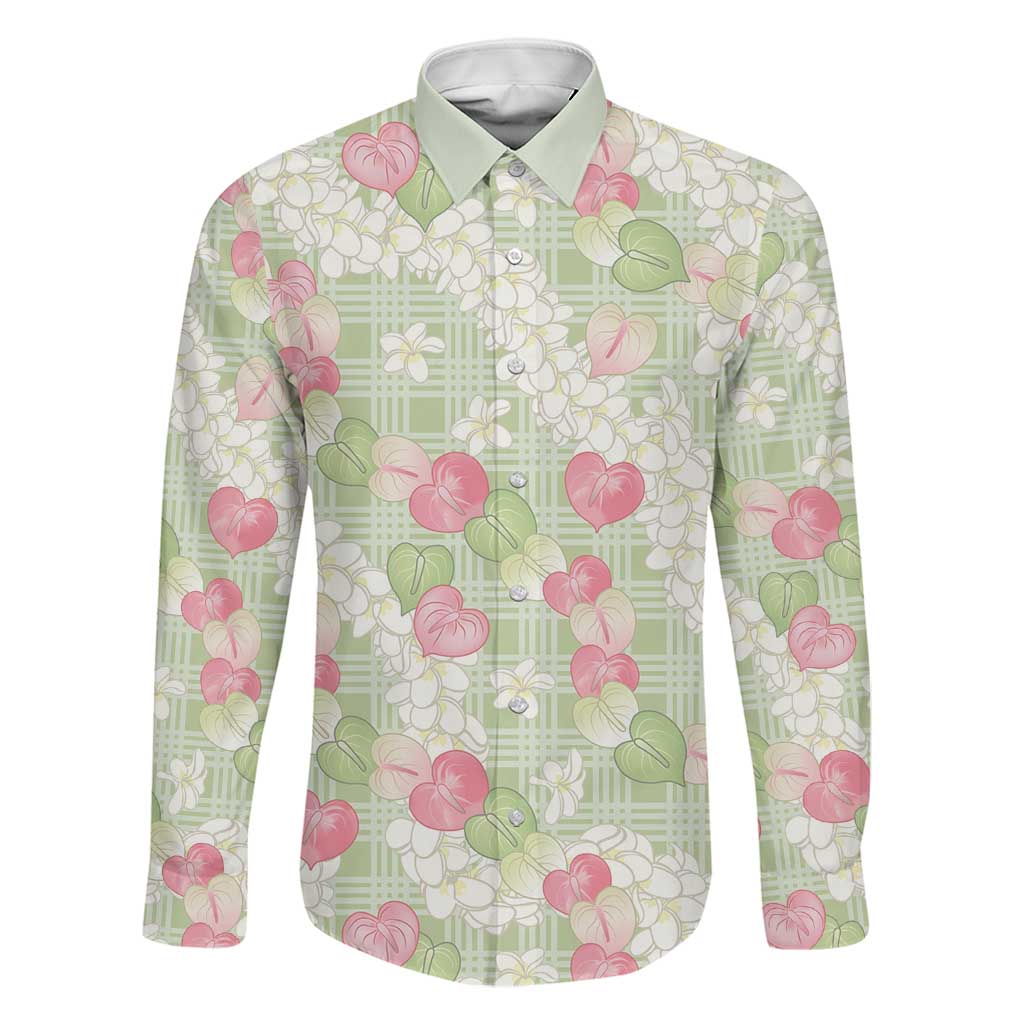 Anthurium Plumeria Lei Pastel Family Matching Off The Shoulder Long Sleeve Dress and Hawaiian Shirt Green Hawaiian Splendid Palaka LT01 Dad's Shirt - Long Sleeve Green - Polynesian Pride