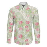 Anthurium Plumeria Lei Pastel Family Matching Off The Shoulder Long Sleeve Dress and Hawaiian Shirt Green Hawaiian Splendid Palaka LT01 Dad's Shirt - Long Sleeve Green - Polynesian Pride