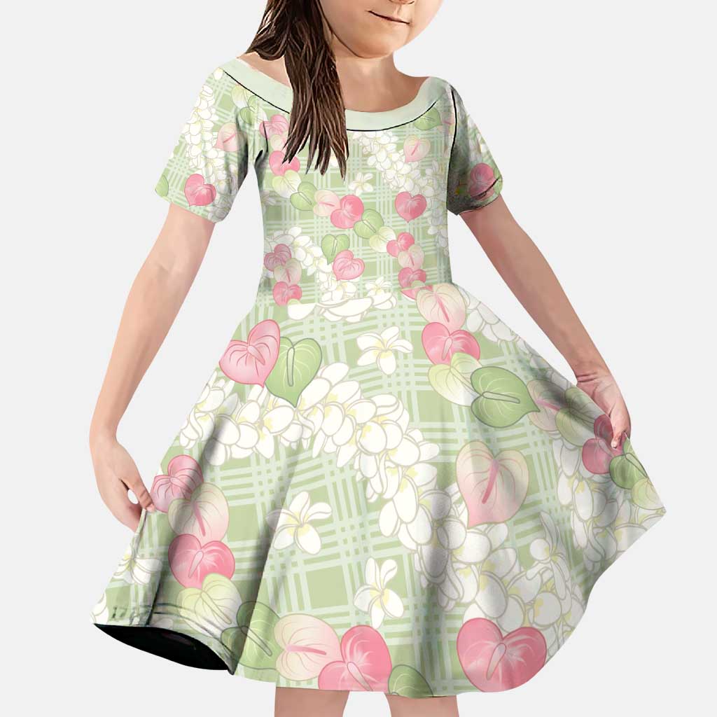 Anthurium Plumeria Lei Pastel Family Matching Off Shoulder Maxi Dress and Hawaiian Shirt Green Hawaiian Splendid Palaka LT01 Daughter's Dress Green - Polynesian Pride