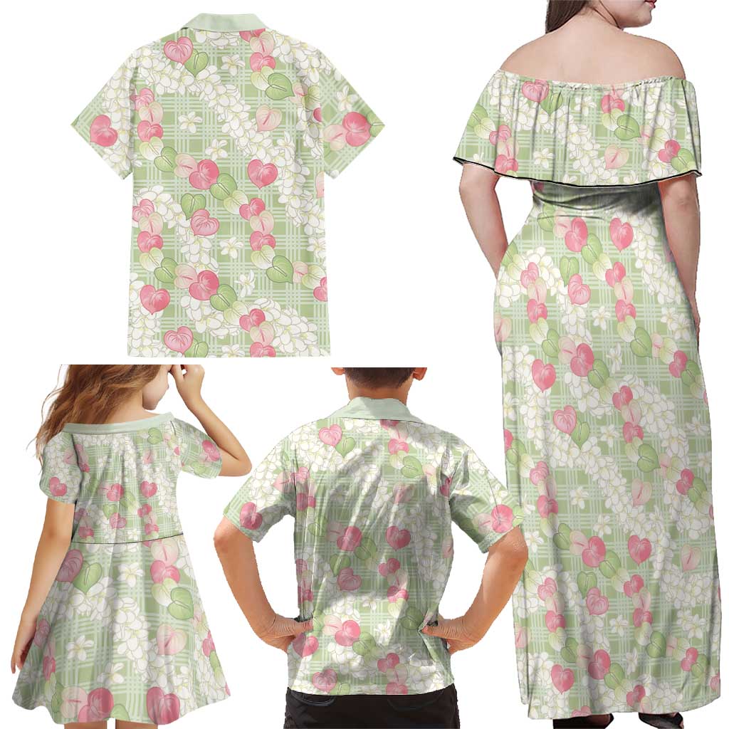 Anthurium Plumeria Lei Pastel Family Matching Off Shoulder Maxi Dress and Hawaiian Shirt Green Hawaiian Splendid Palaka LT01 - Polynesian Pride