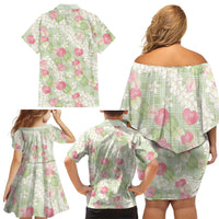 Anthurium Plumeria Lei Pastel Family Matching Off Shoulder Short Dress and Hawaiian Shirt Green Hawaiian Splendid Palaka LT01 - Polynesian Pride