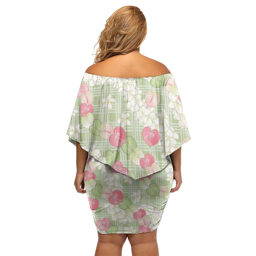 Anthurium Plumeria Lei Pastel Family Matching Off Shoulder Short Dress and Hawaiian Shirt Green Hawaiian Splendid Palaka LT01 - Polynesian Pride