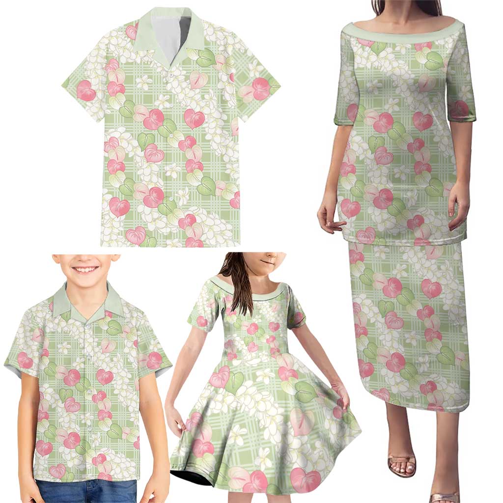Anthurium Plumeria Lei Pastel Family Matching Puletasi and Hawaiian Shirt Green Hawaiian Splendid Palaka LT01 - Polynesian Pride
