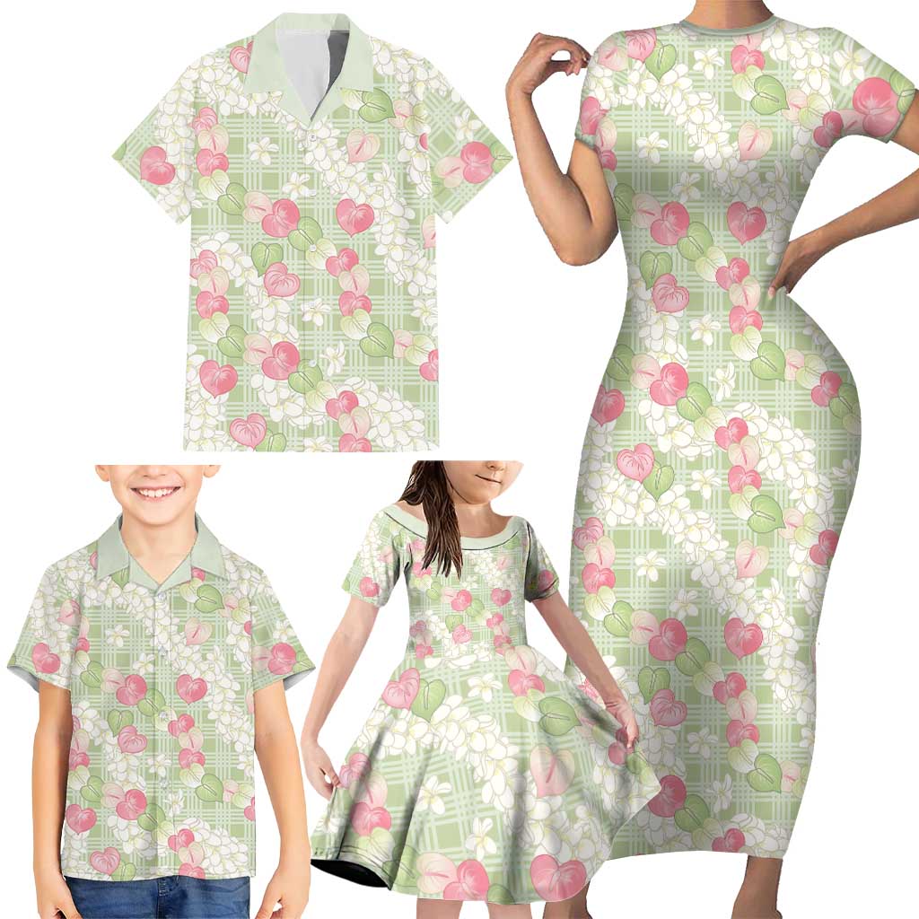 Anthurium Plumeria Lei Pastel Family Matching Short Sleeve Bodycon Dress and Hawaiian Shirt Green Hawaiian Splendid Palaka LT01 - Polynesian Pride