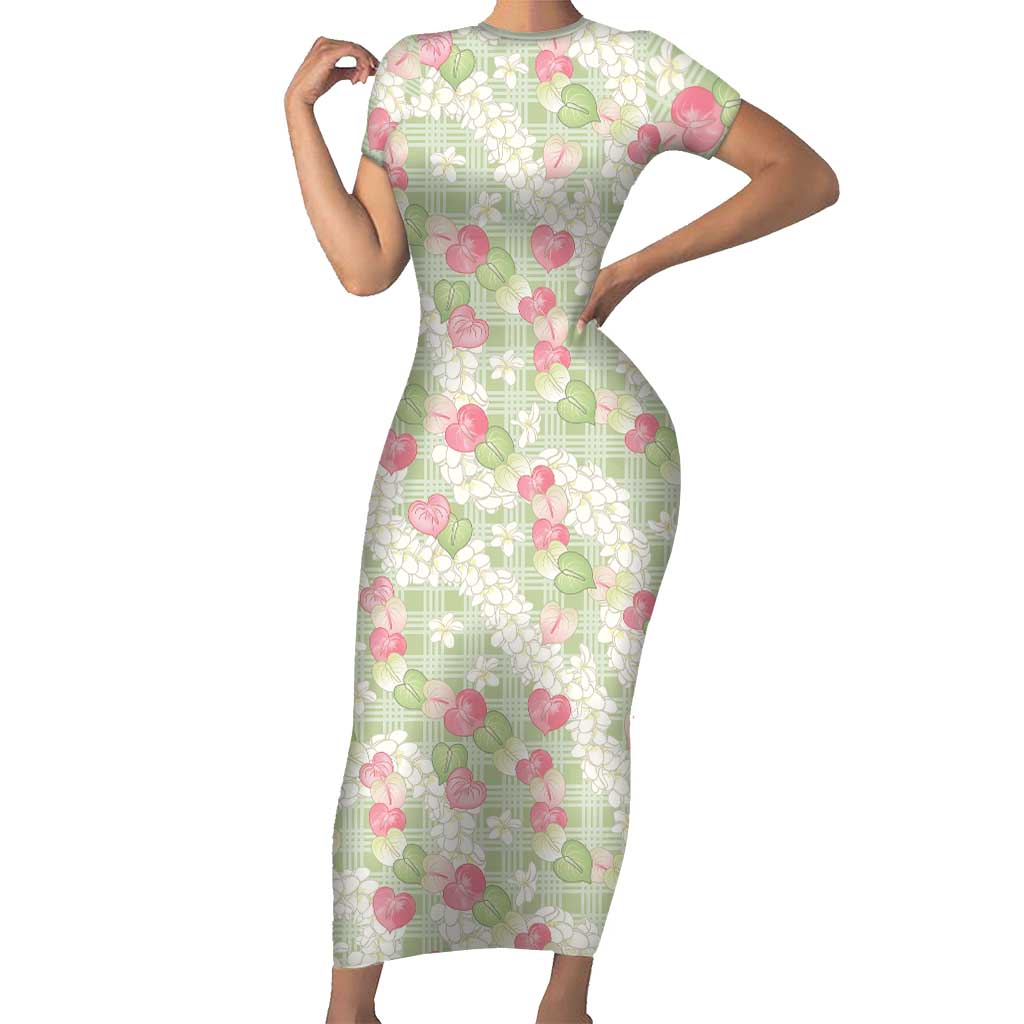Anthurium Plumeria Lei Pastel Family Matching Short Sleeve Bodycon Dress and Hawaiian Shirt Green Hawaiian Splendid Palaka LT01 Mom's Dress Green - Polynesian Pride