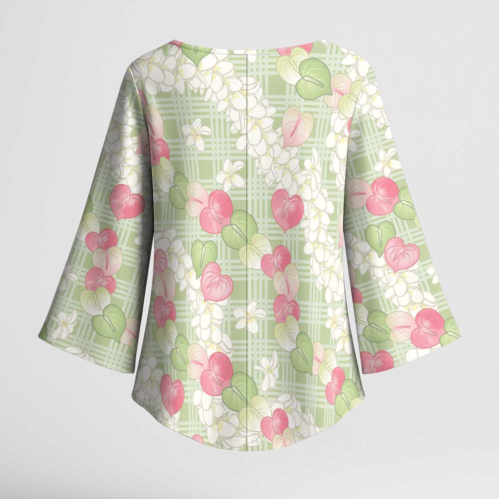 Anthurium Plumeria Lei Pastel Kimono Sleeve Blouse Green Hawaiian Splendid Palaka