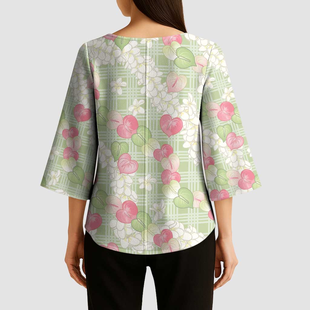 Anthurium Plumeria Lei Pastel Kimono Sleeve Blouse Green Hawaiian Splendid Palaka