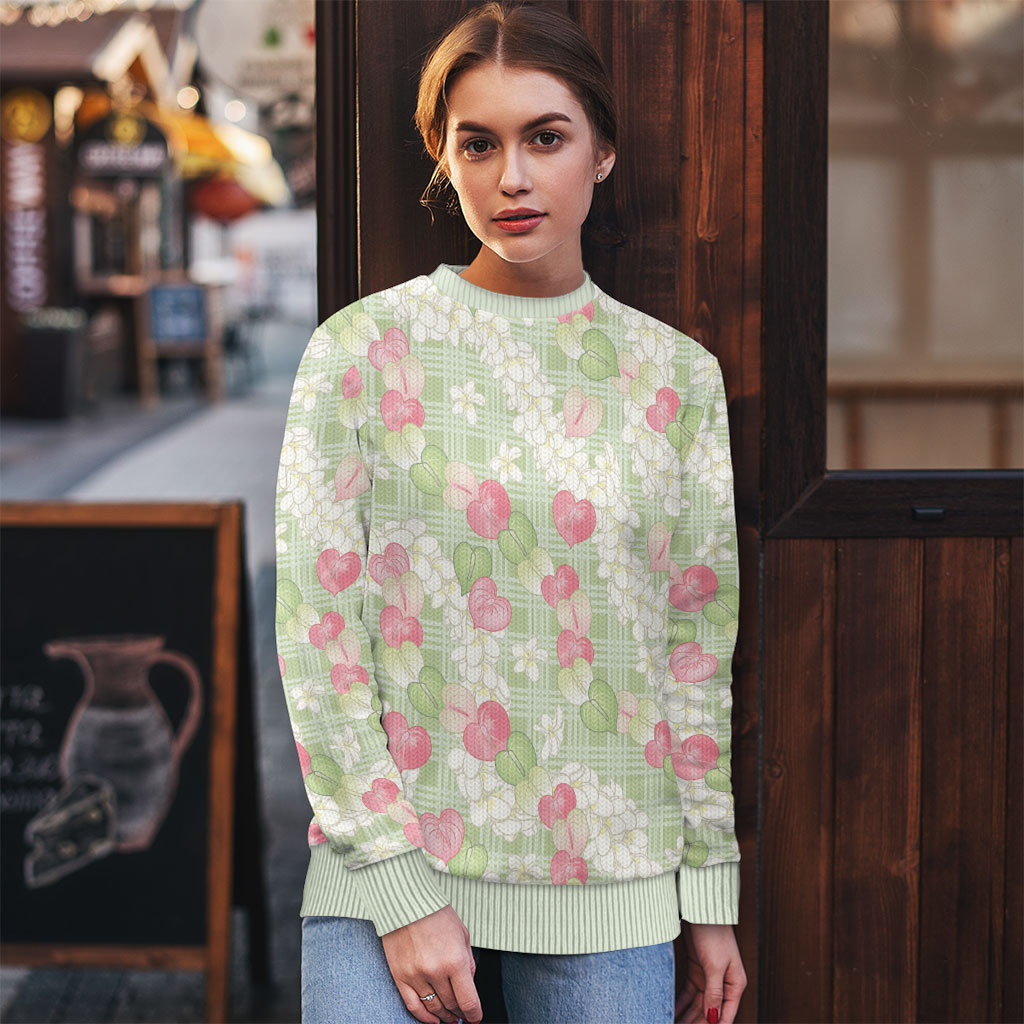 Anthurium Plumeria Lei Pastel Ugly Christmas Sweater Green Hawaiian Splendid Palaka LT01 - Polynesian Pride