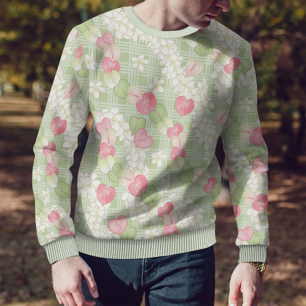 Anthurium Plumeria Lei Pastel Ugly Christmas Sweater Green Hawaiian Splendid Palaka LT01 - Polynesian Pride