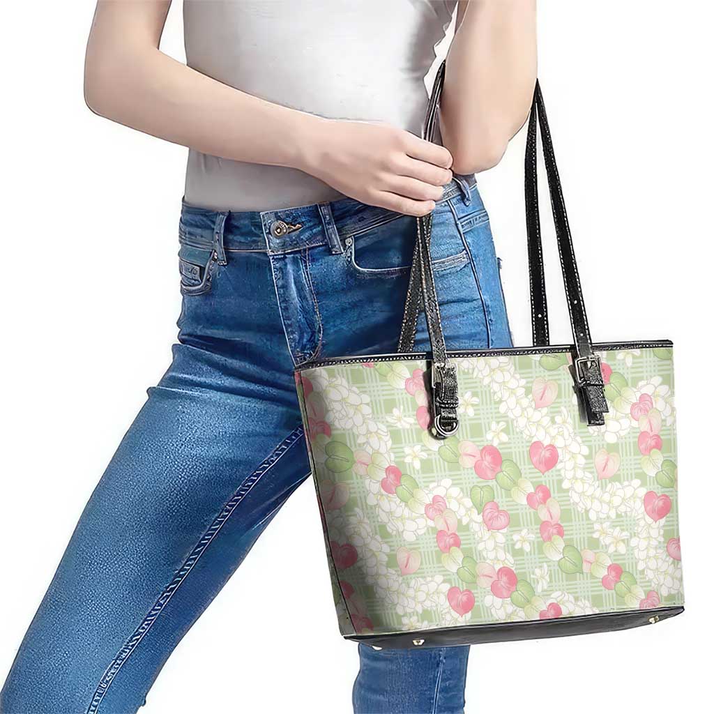 Anthurium Plumeria Lei Pastel Leather Tote Bag Green Hawaiian Splendid Palaka