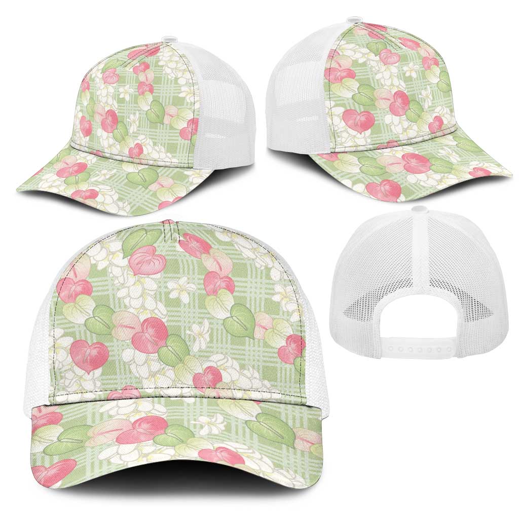 Anthurium Plumeria Lei Pastel Mesh Trucker Cap Green Hawaiian Splendid Palaka
