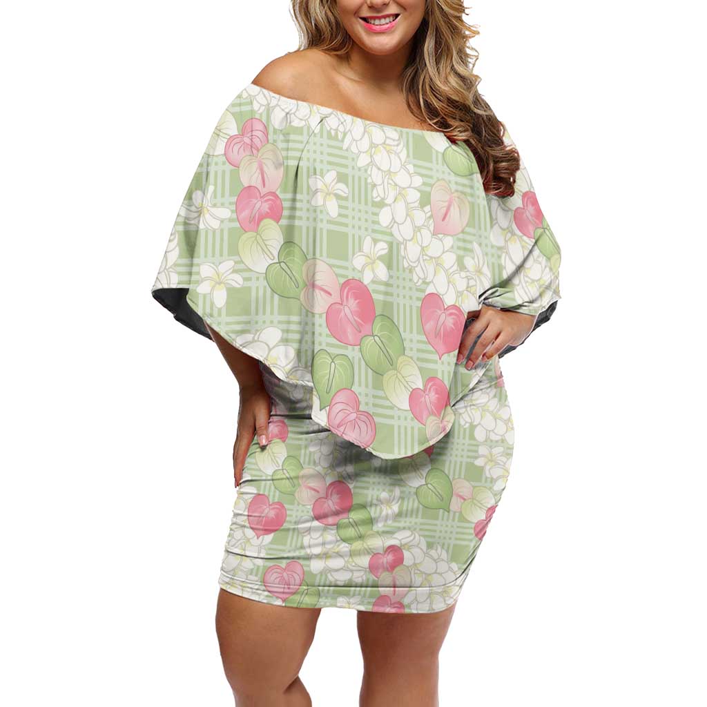 Anthurium Plumeria Lei Pastel Off Shoulder Short Dress Green Hawaiian Splendid Palaka