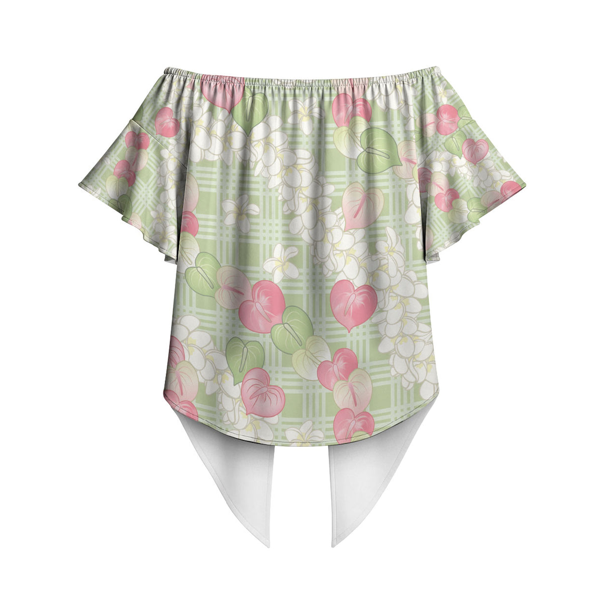 Anthurium Plumeria Lei Pastel Off Shoulder Wrap Waist Top Green Hawaiian Splendid Palaka LT01 - Polynesian Pride