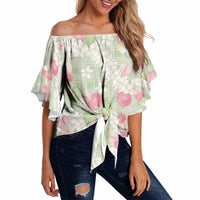 Anthurium Plumeria Lei Pastel Off Shoulder Wrap Waist Top Green Hawaiian Splendid Palaka LT01 - Polynesian Pride