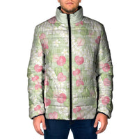 Anthurium Plumeria Lei Pastel Padded Jacket Green Hawaiian Splendid Palaka