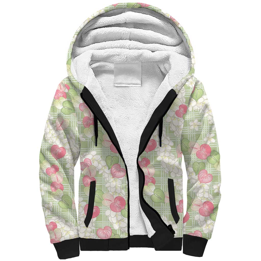 Anthurium Plumeria Lei Pastel Sherpa Hoodie Green Hawaiian Splendid Palaka