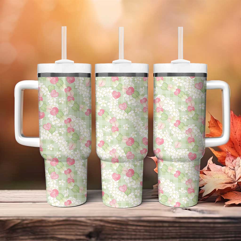 Anthurium Plumeria Lei Pastel Tumbler With Handle Green Hawaiian Splendid Palaka