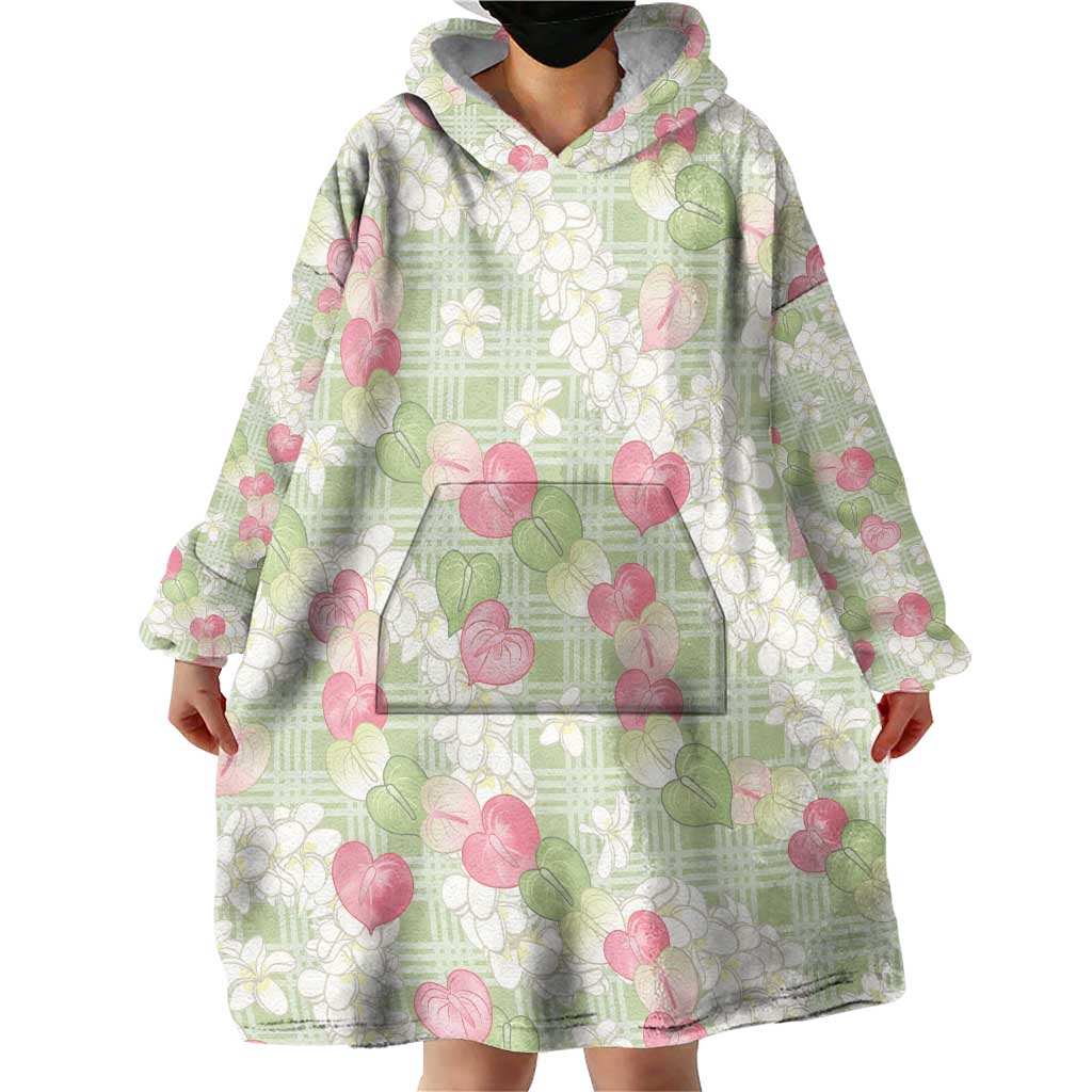 Anthurium Plumeria Lei Pastel Wearable Blanket Hoodie Green Hawaiian Splendid Palaka