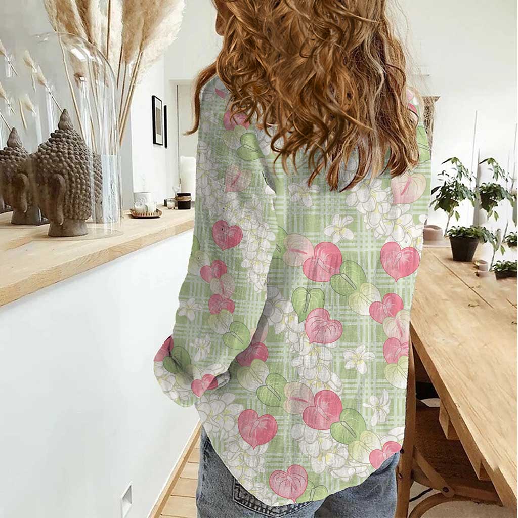 Anthurium Plumeria Lei Pastel Women Casual Shirt Green Hawaiian Splendid Palaka
