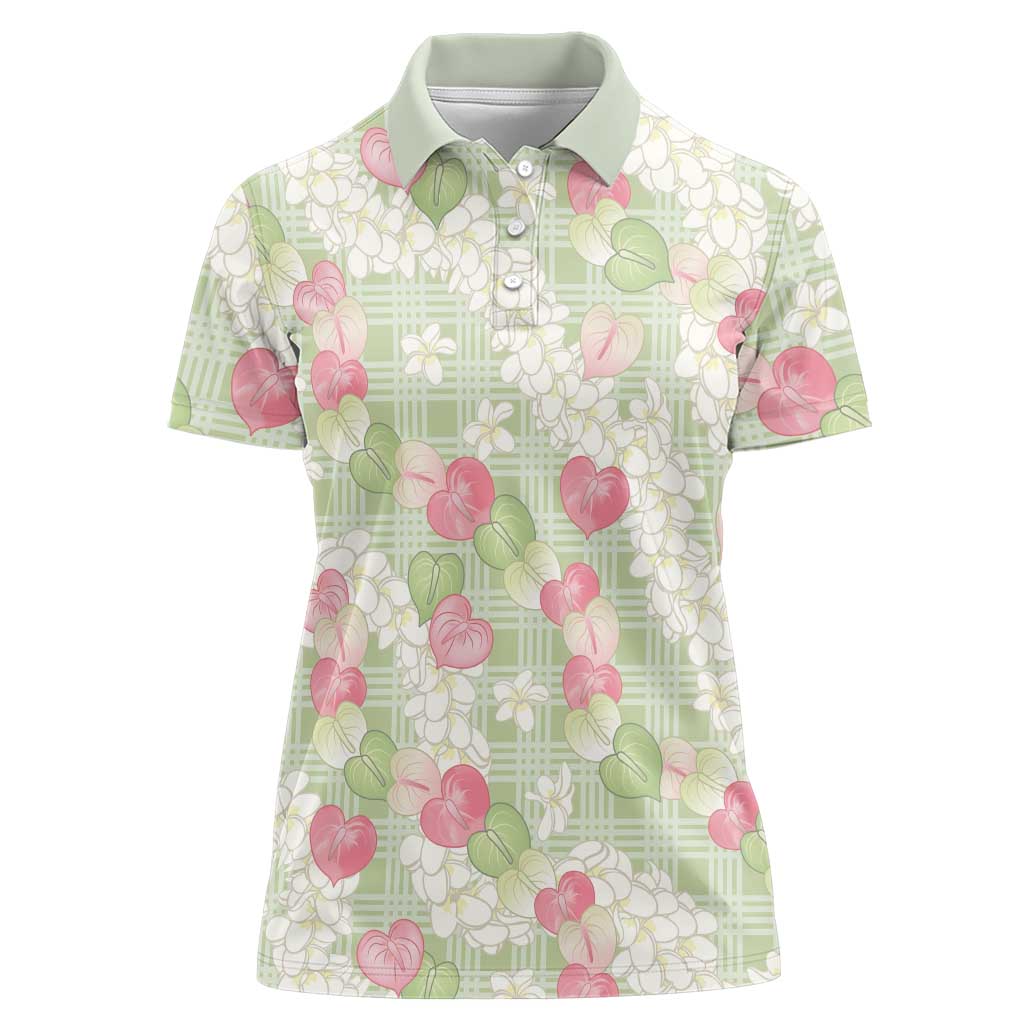 Anthurium Plumeria Lei Pastel Women Polo Shirt Green Hawaiian Splendid Palaka