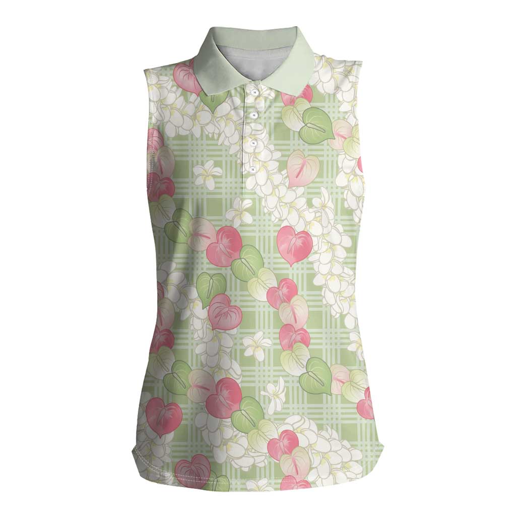Anthurium Plumeria Lei Pastel Women Sleeveless Polo Shirt Green Hawaiian Splendid Palaka