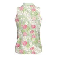 Anthurium Plumeria Lei Pastel Women Sleeveless Polo Shirt Green Hawaiian Splendid Palaka