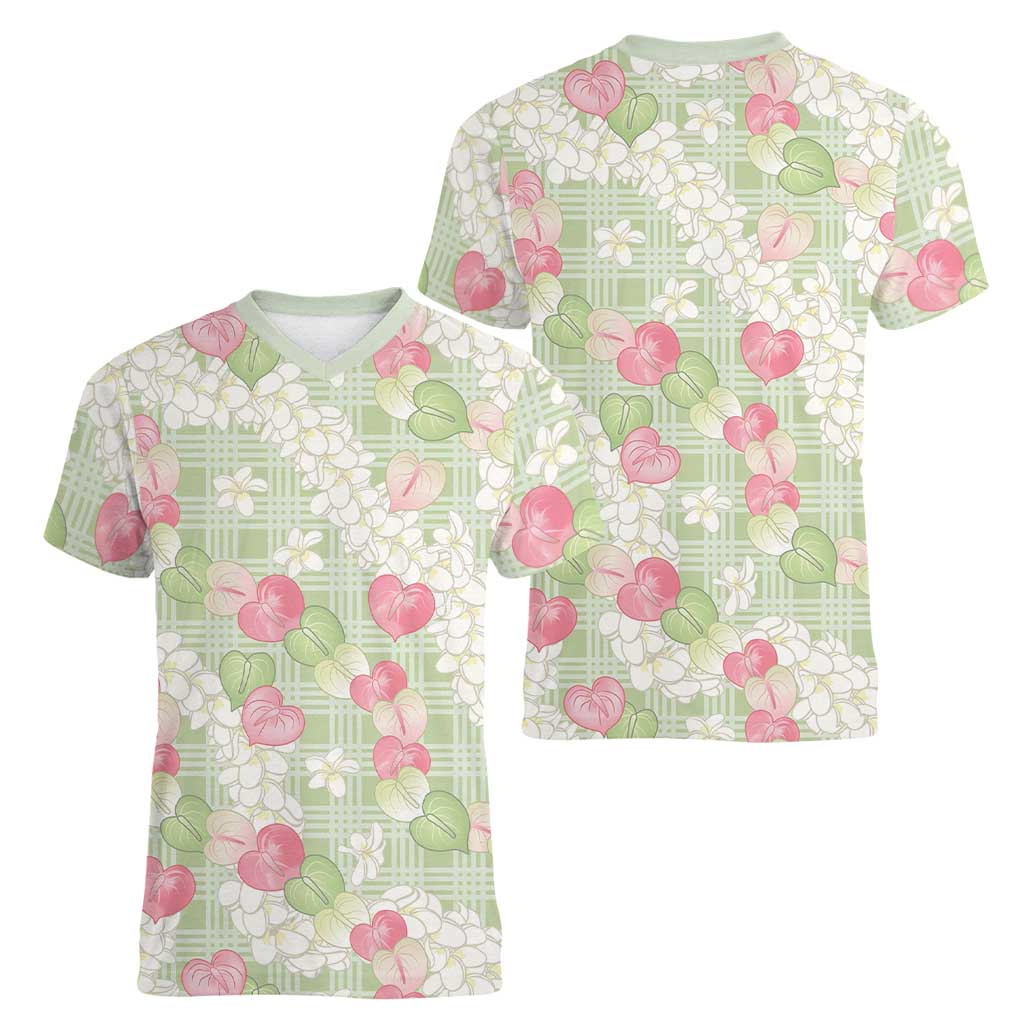Anthurium Plumeria Lei Pastel Women V-Neck T-Shirt Green Hawaiian Splendid Palaka