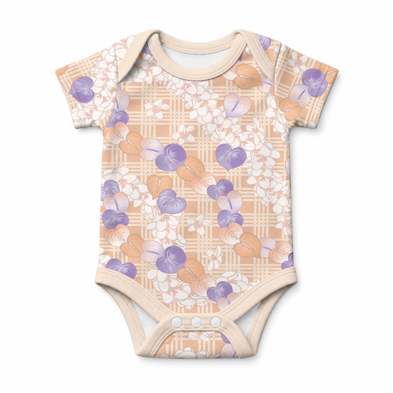 Anthurium Plumeria Lei Pastel Baby Onesie Orange Hawaiian Splendid Palaka LT01 Orange - Polynesian Pride