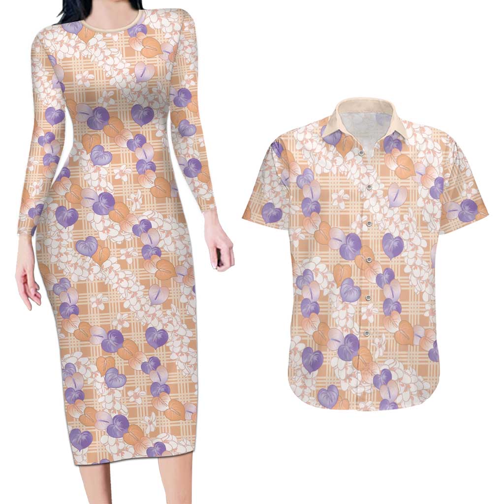 Anthurium Plumeria Lei Pastel Couples Matching Long Sleeve Bodycon Dress and Hawaiian Shirt Orange Hawaiian Splendid Palaka LT01 Orange - Polynesian Pride
