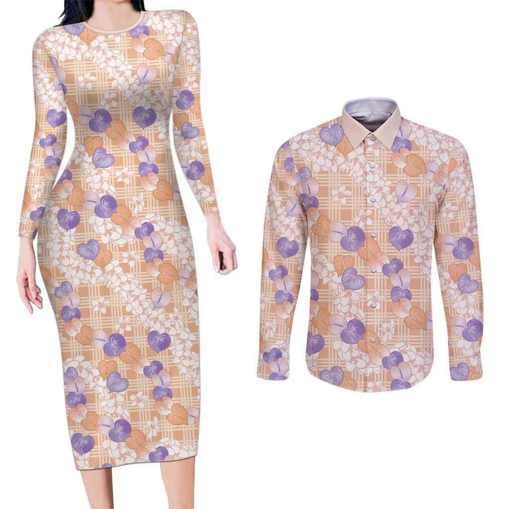 Anthurium Plumeria Lei Pastel Couples Matching Long Sleeve Bodycon Dress and Long Sleeve Button Shirt Orange Hawaiian Splendid Palaka LT01 Orange - Polynesian Pride