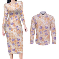 Anthurium Plumeria Lei Pastel Couples Matching Long Sleeve Bodycon Dress and Long Sleeve Button Shirt Orange Hawaiian Splendid Palaka LT01 Orange - Polynesian Pride