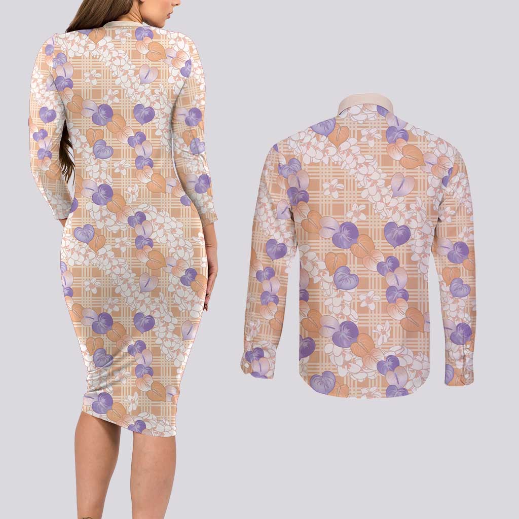Anthurium Plumeria Lei Pastel Couples Matching Long Sleeve Bodycon Dress and Long Sleeve Button Shirt Orange Hawaiian Splendid Palaka LT01 - Polynesian Pride