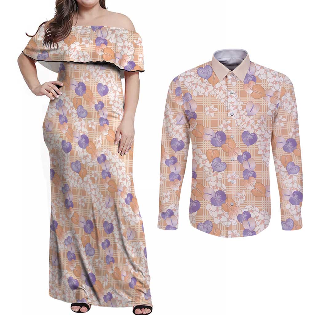 Anthurium Plumeria Lei Pastel Couples Matching Off Shoulder Maxi Dress and Long Sleeve Button Shirt Orange Hawaiian Splendid Palaka