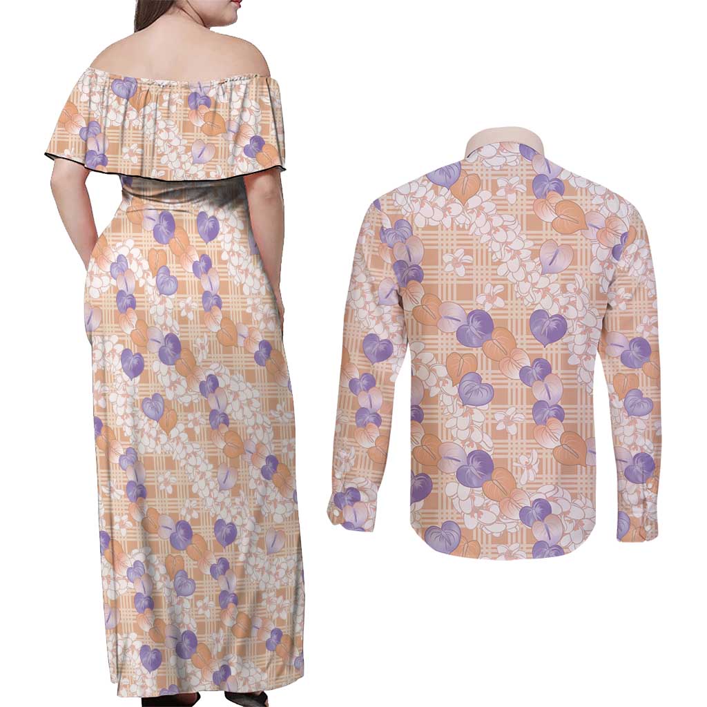 Anthurium Plumeria Lei Pastel Couples Matching Off Shoulder Maxi Dress and Long Sleeve Button Shirt Orange Hawaiian Splendid Palaka