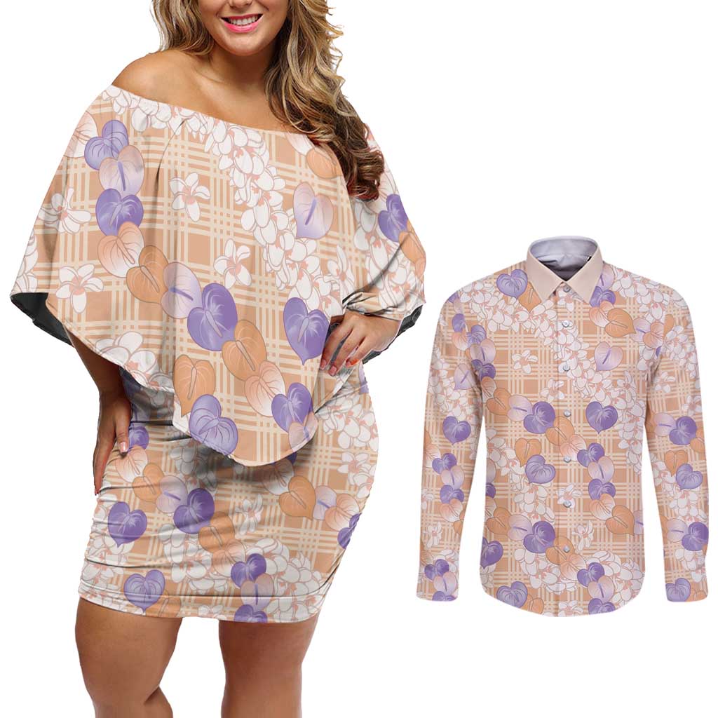 Anthurium Plumeria Lei Pastel Couples Matching Off Shoulder Short Dress and Long Sleeve Button Shirt Orange Hawaiian Splendid Palaka