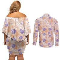 Anthurium Plumeria Lei Pastel Couples Matching Off Shoulder Short Dress and Long Sleeve Button Shirt Orange Hawaiian Splendid Palaka