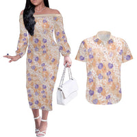 Anthurium Plumeria Lei Pastel Couples Matching Off The Shoulder Long Sleeve Dress and Hawaiian Shirt Orange Hawaiian Splendid Palaka LT01 Orange - Polynesian Pride