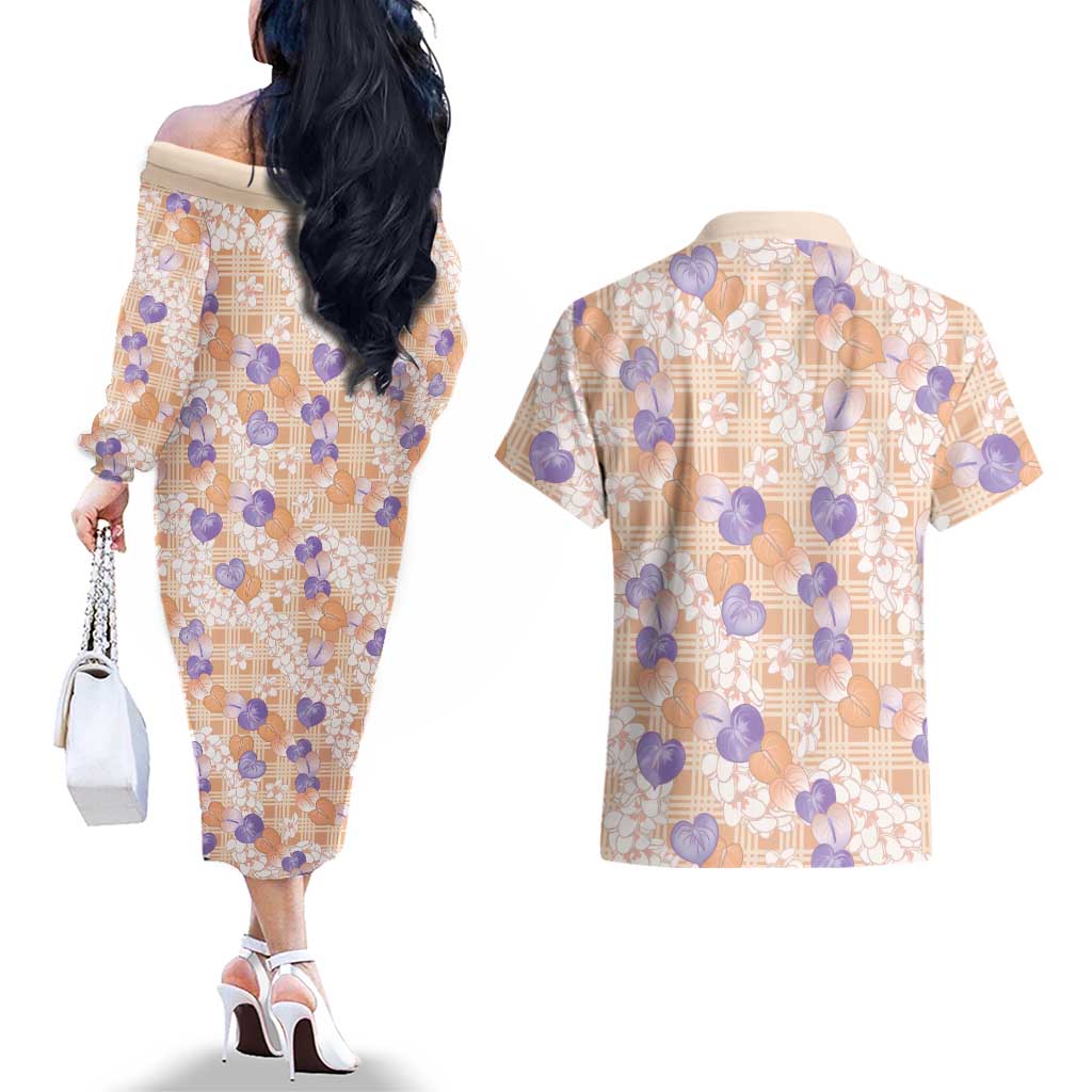 Anthurium Plumeria Lei Pastel Couples Matching Off The Shoulder Long Sleeve Dress and Hawaiian Shirt Orange Hawaiian Splendid Palaka LT01 - Polynesian Pride