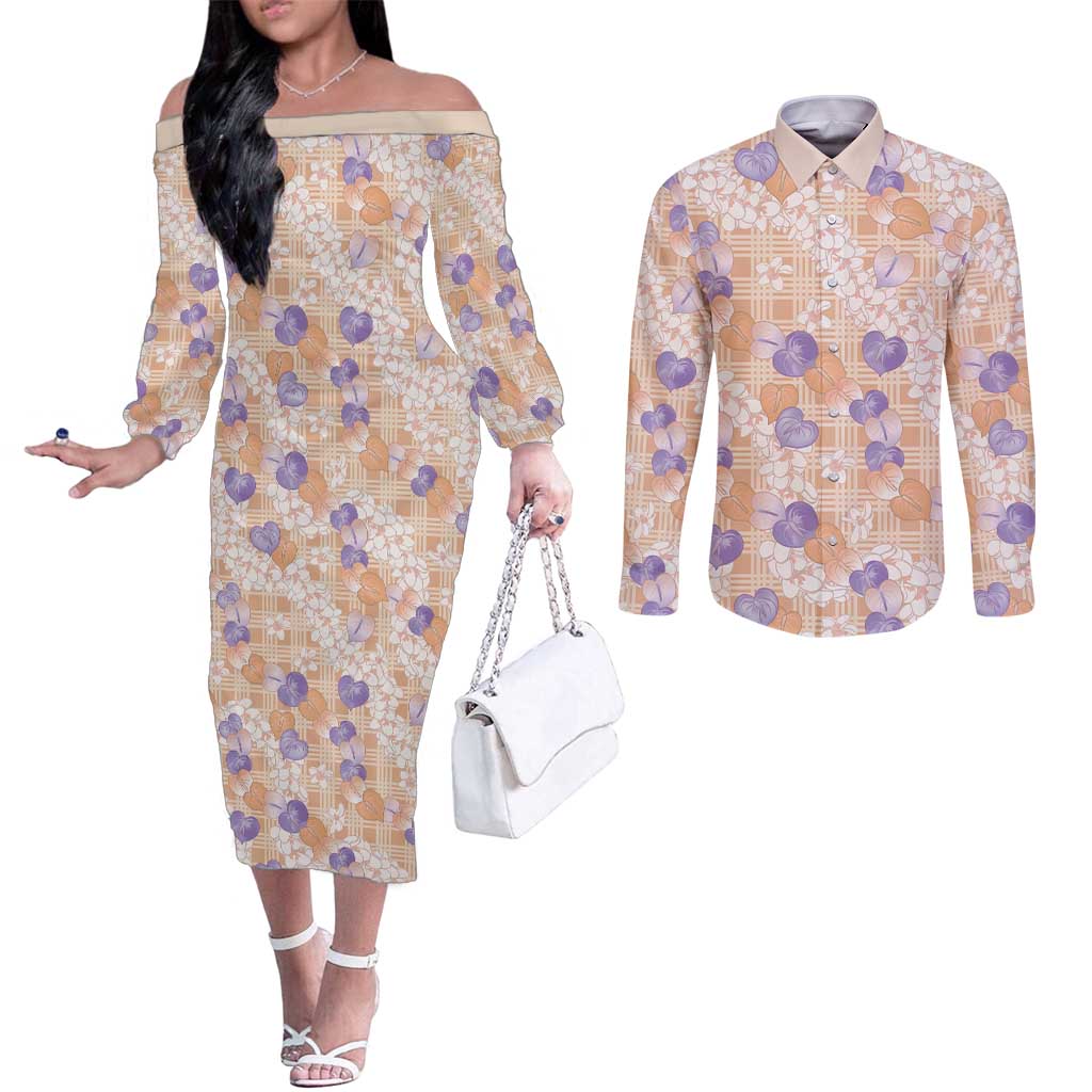 Anthurium Plumeria Lei Pastel Couples Matching Off The Shoulder Long Sleeve Dress and Long Sleeve Button Shirt Orange Hawaiian Splendid Palaka