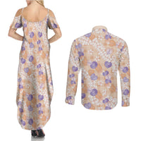Anthurium Plumeria Lei Pastel Couples Matching Summer Maxi Dress and Long Sleeve Button Shirt Orange Hawaiian Splendid Palaka