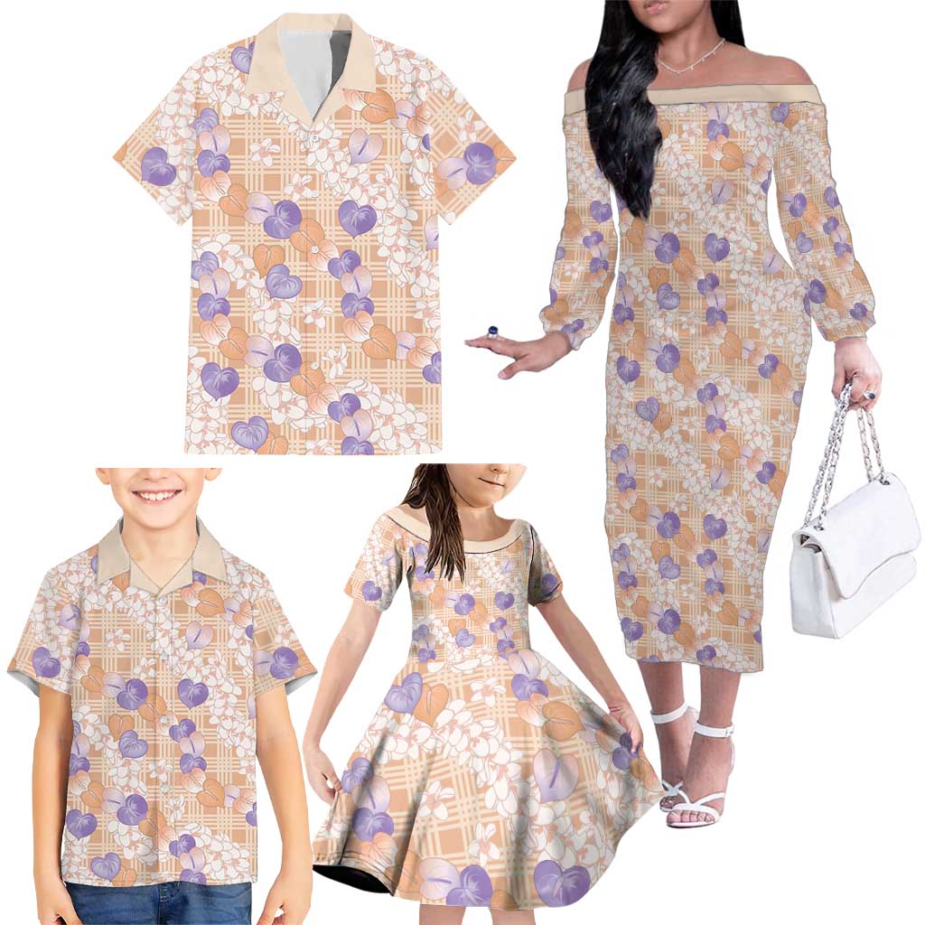 Anthurium Plumeria Lei Pastel Family Matching Off The Shoulder Long Sleeve Dress and Hawaiian Shirt Orange Hawaiian Splendid Palaka LT01 - Polynesian Pride
