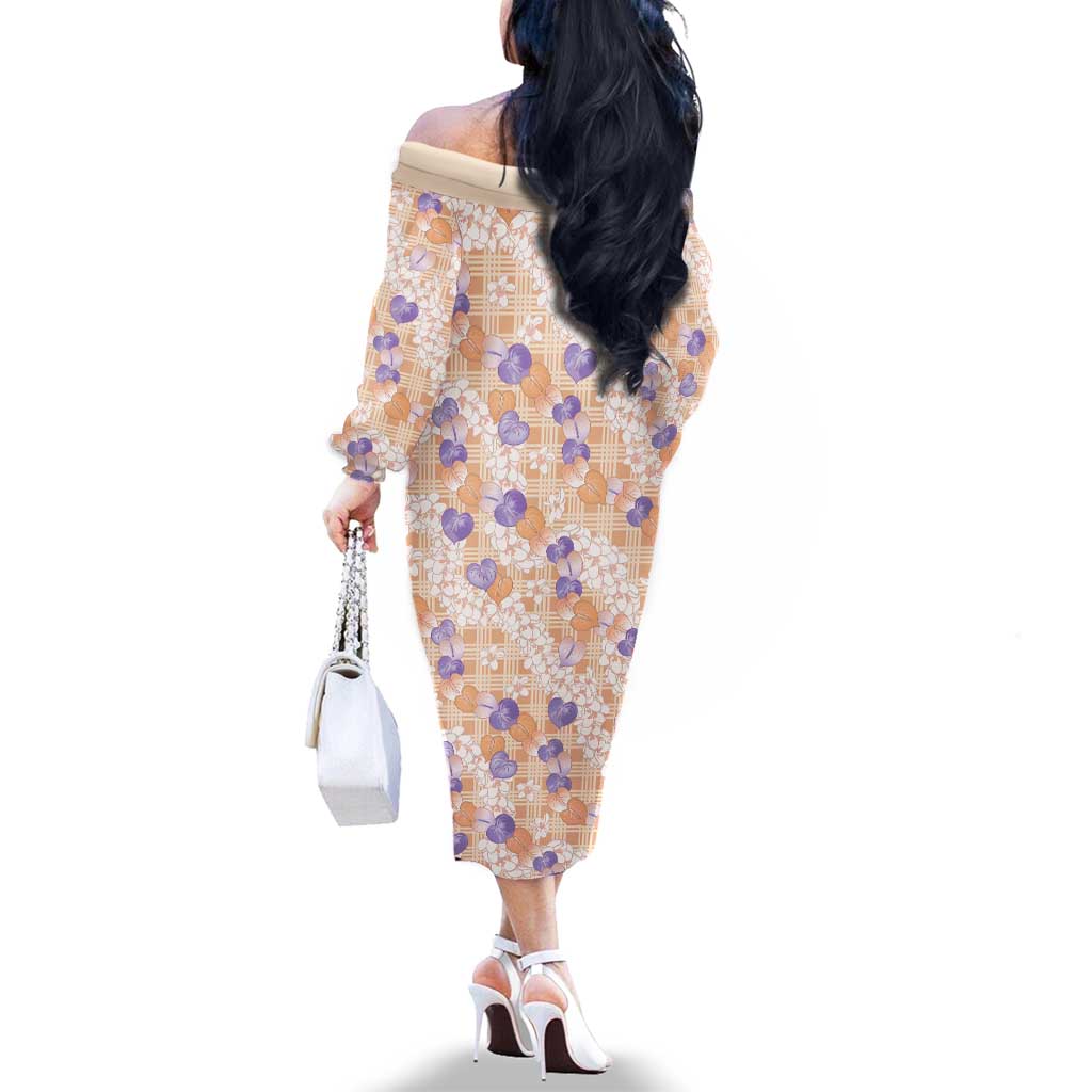 Anthurium Plumeria Lei Pastel Family Matching Off The Shoulder Long Sleeve Dress and Hawaiian Shirt Orange Hawaiian Splendid Palaka LT01 - Polynesian Pride