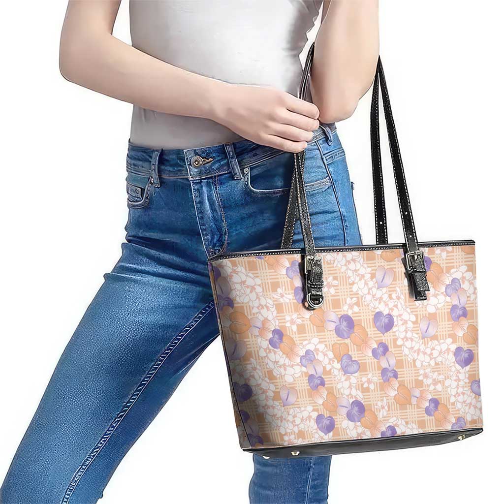 Anthurium Plumeria Lei Pastel Leather Tote Bag Orange Hawaiian Splendid Palaka
